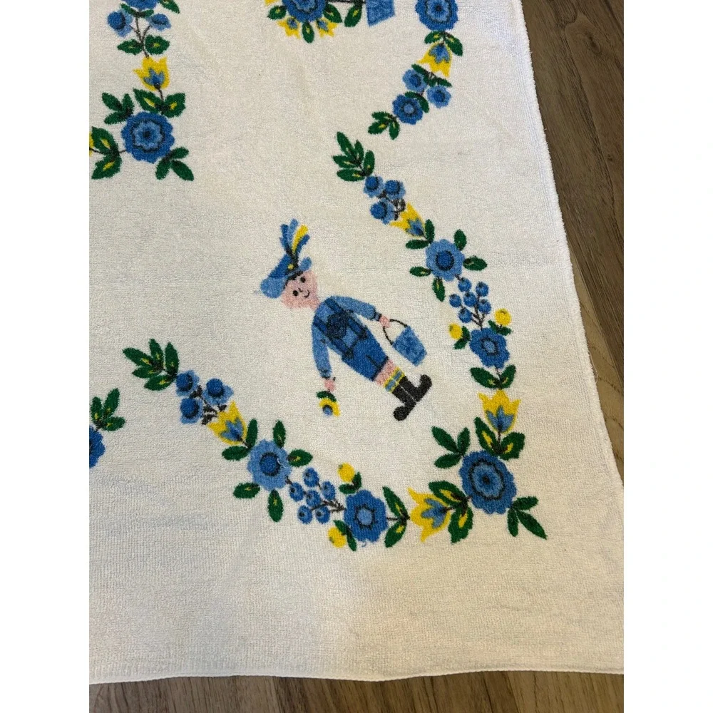 Vintage Folk Art‎ Lederhosen Boy Terry Cloth Tablecloth Floral Blue Yellow 51x46